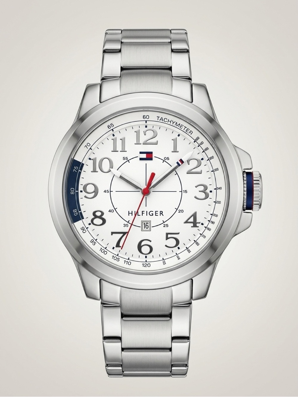 Tommy Hilfiger Silver Stainless Steel Watch with White Dial and Red Accents